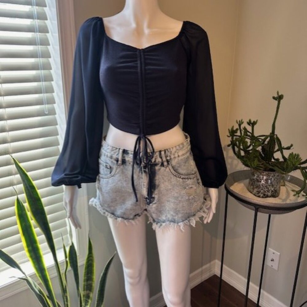Navy Crop w/Sheer Sleeves